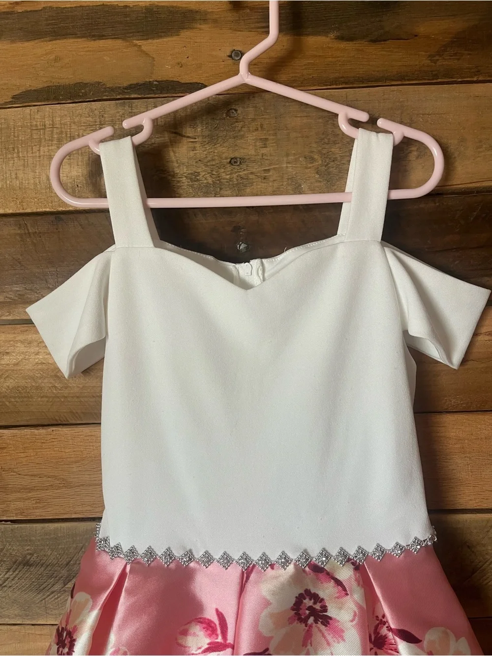 Speechless White Cold-Shoulder Top with Pink Floral Satin Skirt Girls Dress